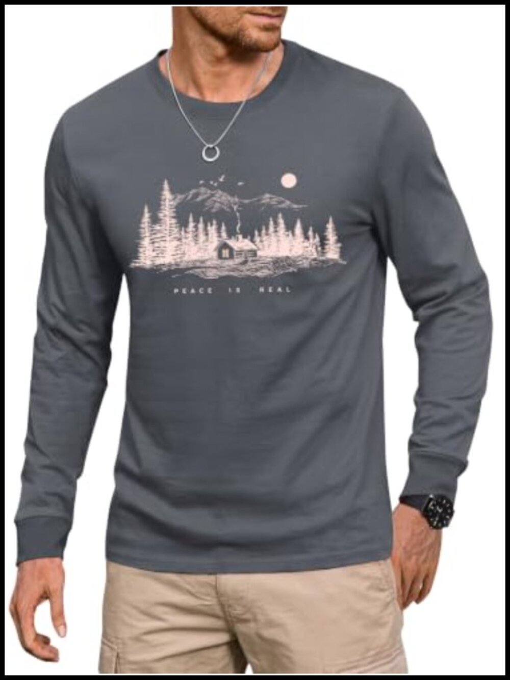 Mens Casual Cotton Long Sleeve Outdoor Graphic Tee Crewneck Regular Fit